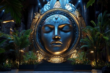 Obraz premium A stunning intricate sculpture of a serene face, surrounded by lush greenery, blending art and nature in a tranquil ambiance.