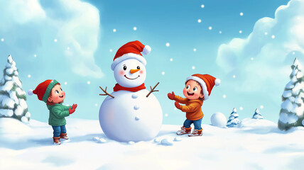 Cartoon kids building a snowman in a Christmas wonderland, cheerful expressions