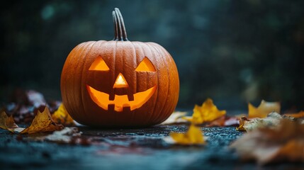 Halloween pumpkin head Jackolantern on a dark background