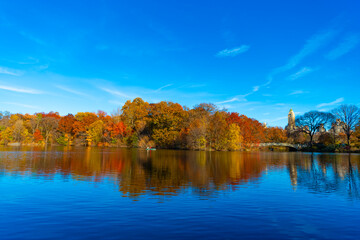 Central Park on sunny autumn day change colors. Autumn landscape. Fall nature. Rowboat on a small lake at the Central Park. Central Park Lake in autumn with people rowing boat. Bow Bridge