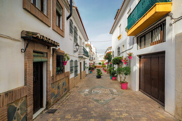 Fototapeta premium Fragment of the old town of the beautiful town of Estepona - a city located in southern Spain, near Malaga in Andalusia. The photo was taken on June , 2024