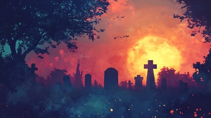 A graveyard with a large, full moon, dark trees, and a mystical orange and blue sky.