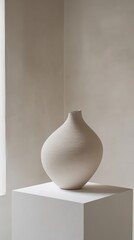 Elegant white ceramic vase displayed on a pedestal in a minimalist room with soft lighting
