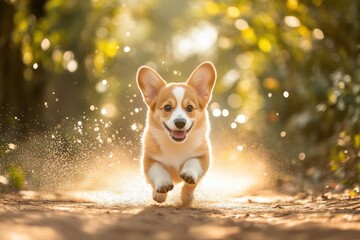 Energetic corgi pup runs along a gritty trail bathed in glimmering sunlight beams