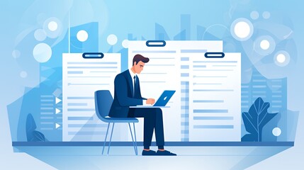 Businessman working on laptop in front of checklist, sitting in chair in modern office.