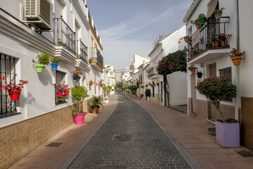 Obraz premium Fragment of the old town of the beautiful town of Estepona - a city located in southern Spain, near Malaga in Andalusia. The photo was taken on June , 2024