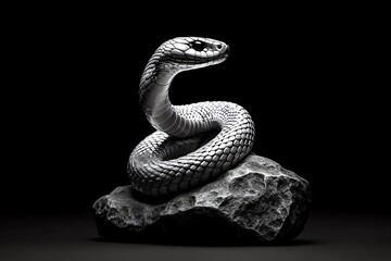 Fototapeta premium A venomous snake coiled on a rock, its scales shimmering against a black background.