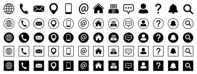 Contact icons set, contact us. Web icons set email, phone, web, location, home, address, faq, information, support, search icon collection, communication contact