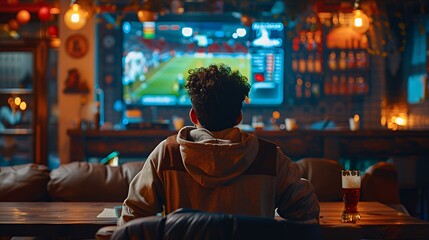 Fototapeta premium Man sitting in a bar watching a sports game on TV.