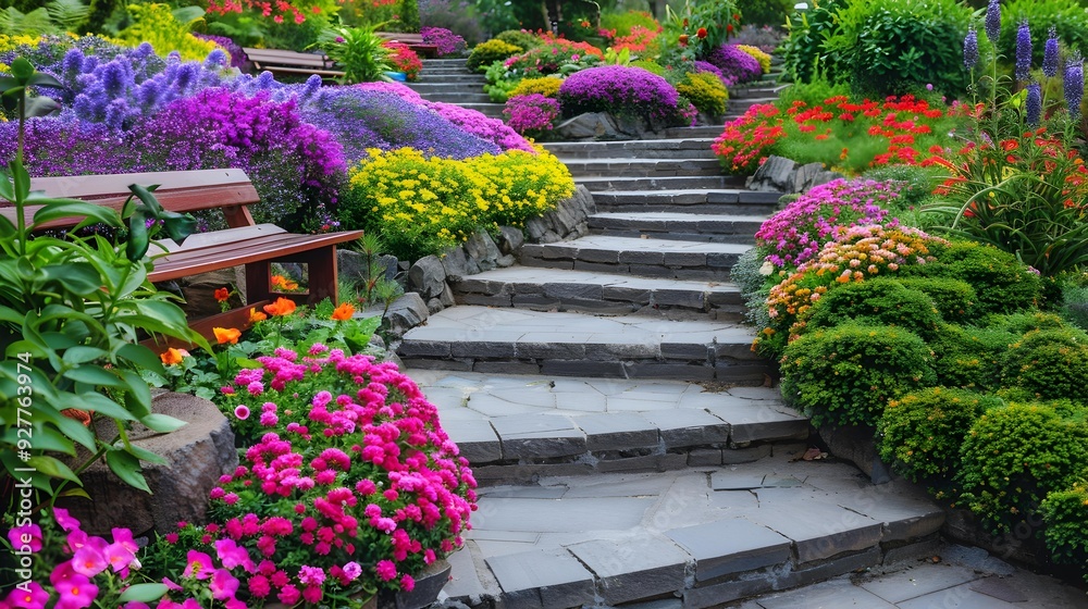 Poster Terraced garden decorated with colorful flowers