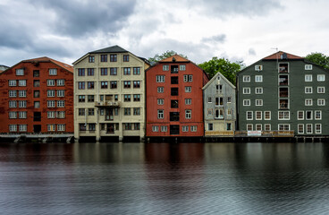 View of warehouses at the Nidelva river in Trondheim, Norway.