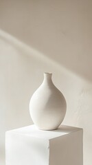 Elegant white ceramic vase displayed on a pedestal against a minimalistic background