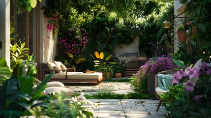 Garden with barbecue cozy surrounded by green plants
