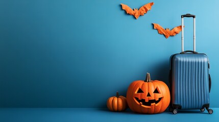 Halloween travel banner featuring flight insurance international flights tourism and vacation themes with a suitcase plane and pumpkins on a blue background Copy space included