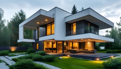 Modern architectural style villa, surrounded by green grass, bright light, and comfortable terrace.