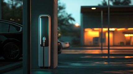 Fototapeta premium Electric Vehicle Charging Stations in an Urban Night Setting. AI generated image