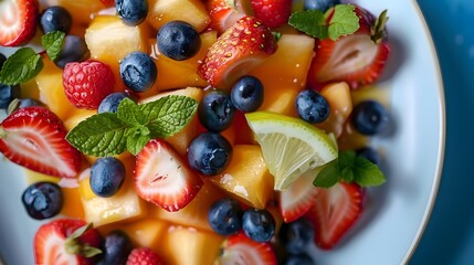 Salads fruit with melon strawberries blueberries and mint