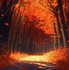 Fototapeta premium Enchanted anime-style Autumn Maple Forest with Crimson Leaves Drifting in the Breeze, an Empty Pathway Amidst the Rustling Canopy of Nature's Grandeur,Anime-Style,illustration,Picture BooksFor Poster,