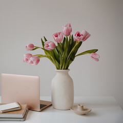 Cozy Workspace with White Vase of Pink Tulips, Laptop and Notebook. Aesthetic Setup for Home Office or Creative Work Environment
