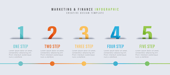 Marketing and financial infographics. 5 steps, instructions, promotion, multi-colored blocks for text instructions. Vector illustration