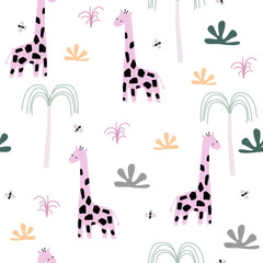 Seamless jungle pattern with cute giraffe. Childish print. Vector hand drawn illustration.