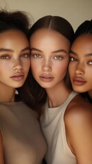Obraz premium Three women with natural makeup pose together in a soft light setting