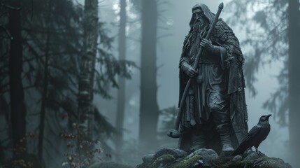 Fototapeta premium Ancient Norse Stone Statue of Odin in a Misty Scandinavian Forest