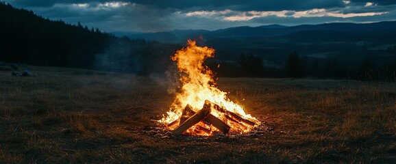 Naklejka premium A large bonfire burns brightly in the middle of a grassy field with a mountain range in the distance.