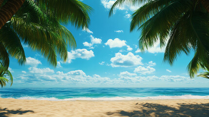 Beautiful tropical beach with palm trees, golden sand, and clear blue sky, perfect for a relaxing getaway or holiday destination.