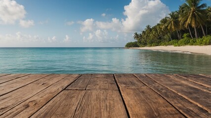 Fototapeta premium A serene tropical beach scene with a wooden deck overlooking the ocean perfect for a copy space image.