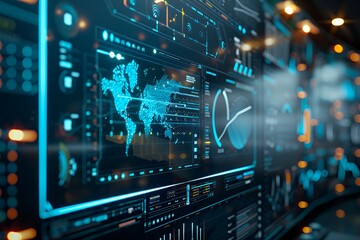 Obraz premium Futuristic interface with world map, charts, and data visualizations.