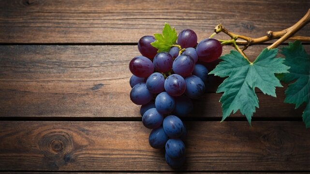 copyspace features Background surface wooden weathered a on leaves grape vibrant and grapes blue of up Close.