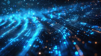 Obraz premium A breathtaking 3D illustration of a big data HUD interface, with abstract data points and connections rendered in shimmering blue and silver. The image is lit with edge lighting, creating a sacred
