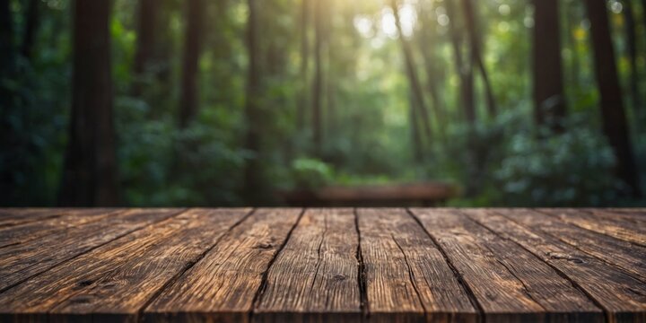 Worn wooden table with blurred forest background.