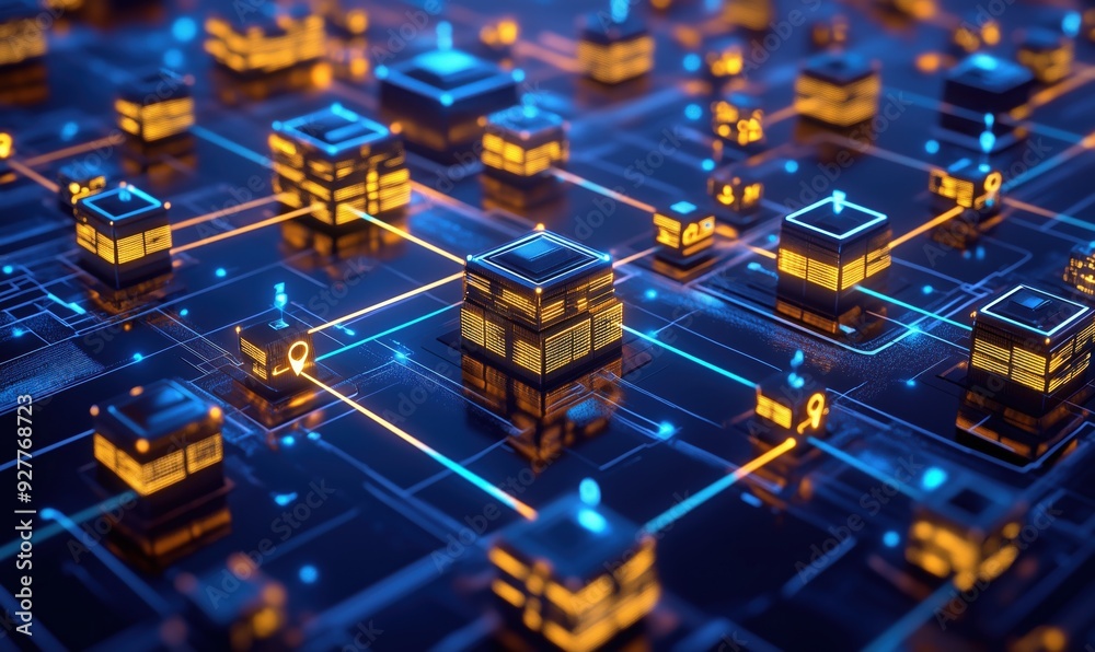 Poster a computer chip with many small squares and one square with a yellow dot. the squares are connected 