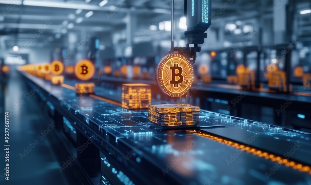 Aufkleber a computerized assembly line with a large number of small cubes and a large orange coin with the let