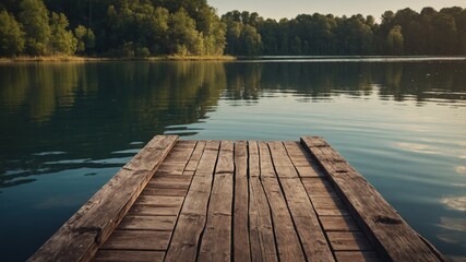 An aged wooden dock extending into a serene lake providing a picturesque copy space image.