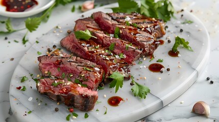 Steaks thinly sliced premium meat served