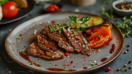 Flank steaks served with a spicy sauce