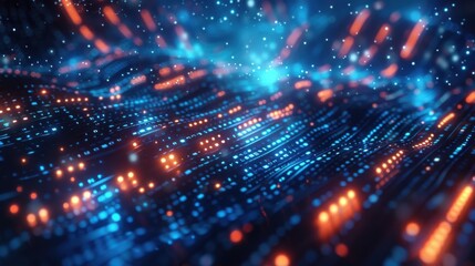 A 3D illustration of big data technology, featuring a complex HUD interface with shimmering blue and silver tones. The scene is illuminated with edge lighting, creating a sacred film effect that