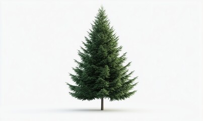 A tall, green pine tree stands alone in a white background. The tree is the main focus of the image, and its height and color contrast with the white background. Concept of solitude and tranquility