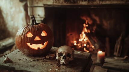 Scary laughing pumpkin and old skull on an ancient gothic fireplace Halloween theme with elements of witchcraft and magic