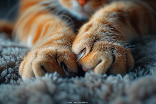 Cat Paws Close Up:  A macro shot of a ginger cat's paws, soft and fluffy, with delicate pink pads and sharp claws, resting on a fuzzy blanket. A close-up study in texture and detail, capturing the bea