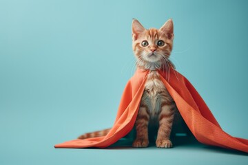 Super Cat to the Rescue: An adorable ginger tabby kitten, adorned with a red cape, strikes a heroic pose against a vibrant blue background. A delightful embodiment of cuteness and courage. 