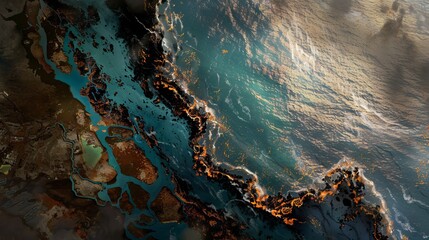 Naklejka premium Overhead Illustration of Sprawling Oil Spill Approaching Coastal Shores.