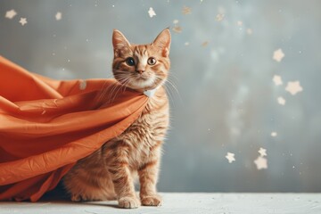 Supercat in the Spotlight: An adorable ginger cat, draped in an orange cape, becomes a superhero under a shower of shimmering stars, embodying playful charm and feline wonder.  