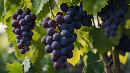 image space copy for ideal vine on leaves green with bunch Grapes.