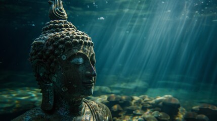 Fototapeta premium Underwater Buddha Statue Enveloped in Marine Life and Ecosystem Unity