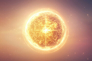 Obraz premium Zodiac sign glowing inside sphere with geometric shapes floating in galaxy background