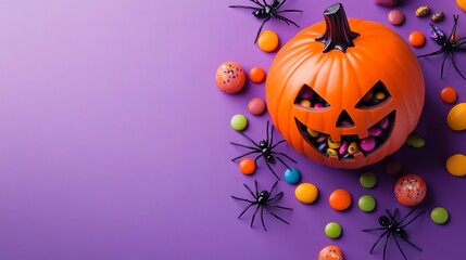 Top view photo of Halloween decorations including a pumpkin basket filled with candies and spiders isolated on a violet background